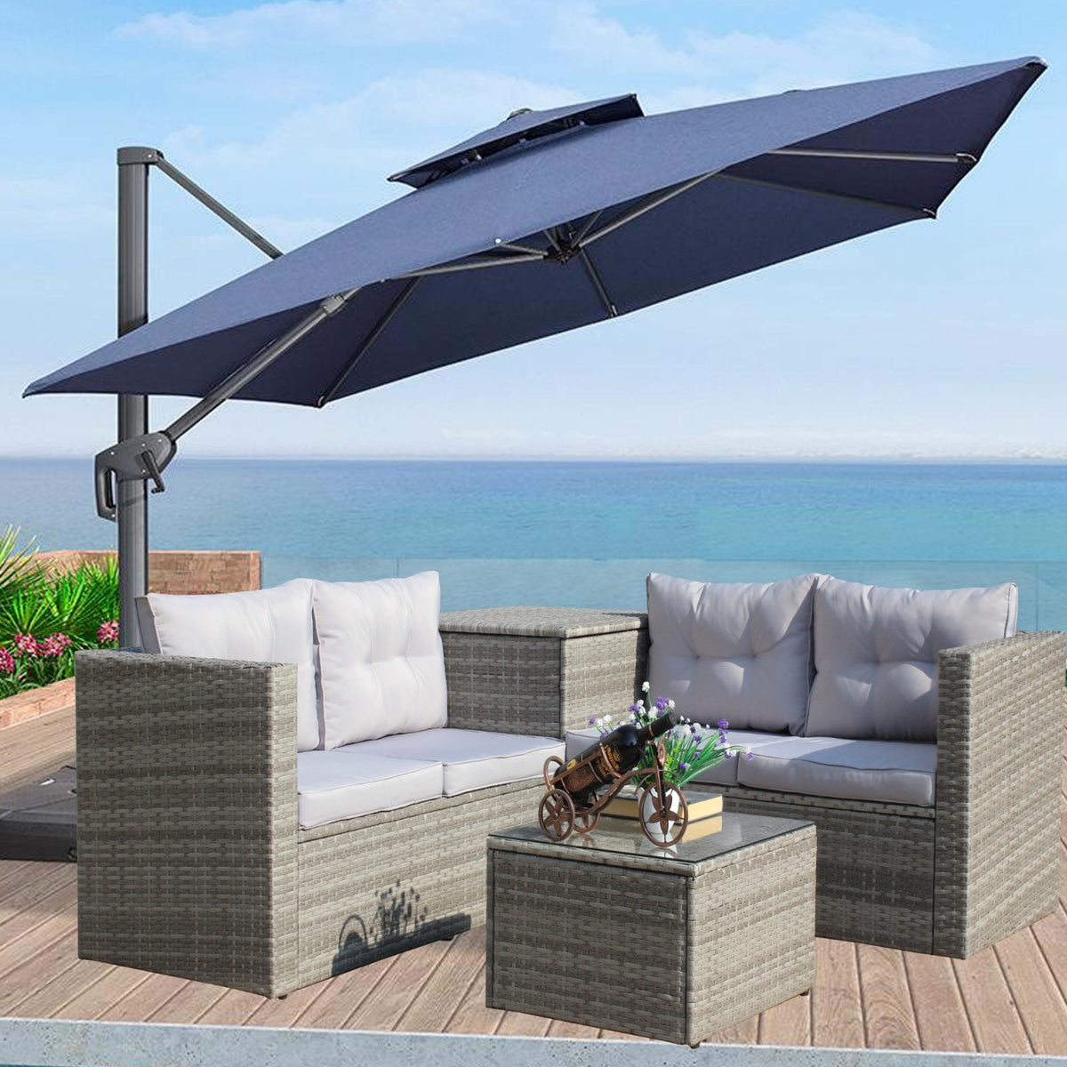 4Pc Patio Sectional Wicker Rattan Sofa Set W Storage Box Grey