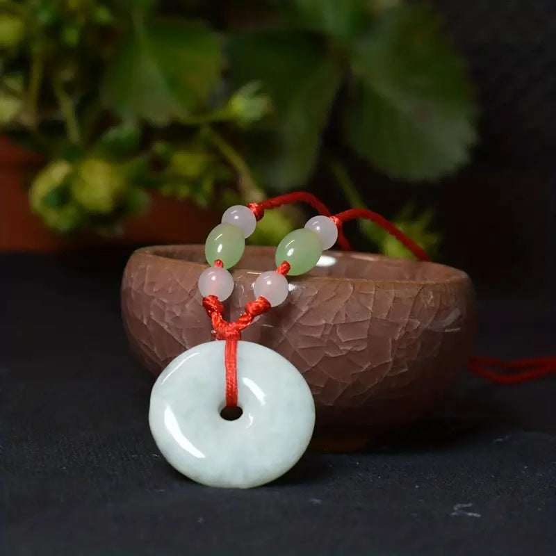 Peace Donut Healing Crystal Jadeite,Circle Coin Shaped Stone Pendant Adjustable Braided Cord Necklace For Inner Peace