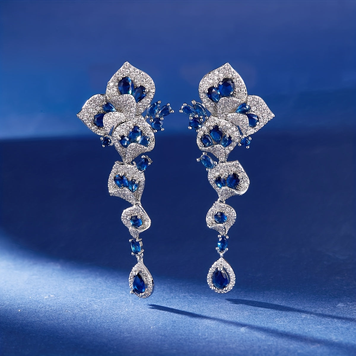 1 Pair Gorgeous Long Dangle Flower Earrings, Cubic Zirconia Earrings For Women, Fashion Party Prom Dress Jewelry, Birthday Holiday Gift
