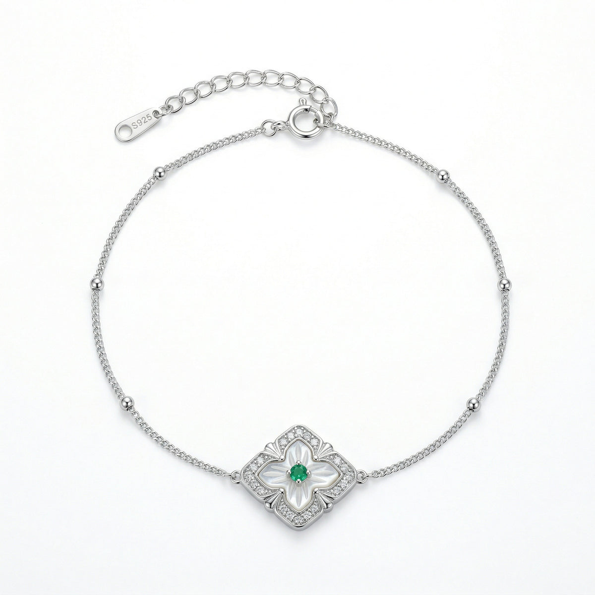 925 Sterling Silver Elegant Sterling Silver Clover Bracelet with Mother of Pearl and Green Gemstone