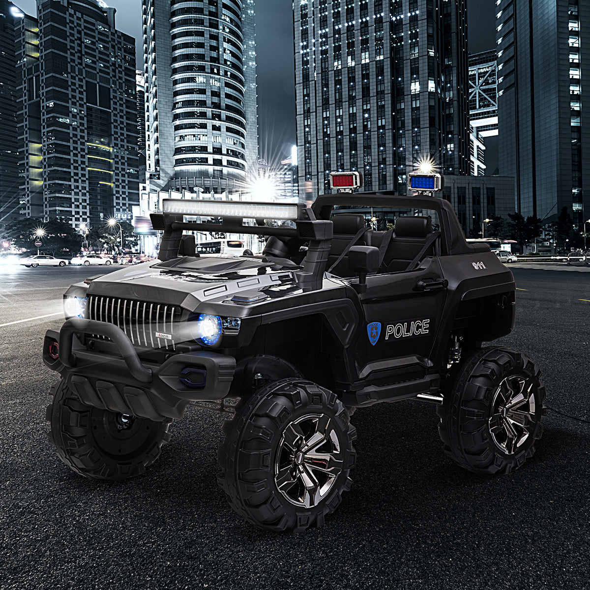 Kids Ride-On Car 12V RC 2-Seater Police Truck Electric Car For Kids with Full LED Lights