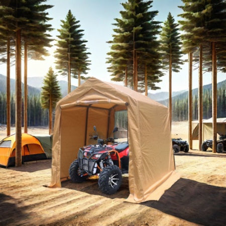 7x12ft Outdoor Portable Gazebo Storage Shelter Shed With 2 Roll Up Zipper Doors & Vents Carport For Motorcycle Waterproof And UV Resistant Anti-Snow Portable Garage Kit Tent, Sand