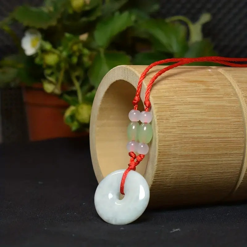 Peace Donut Healing Crystal Jadeite,Circle Coin Shaped Stone Pendant Adjustable Braided Cord Necklace For Inner Peace