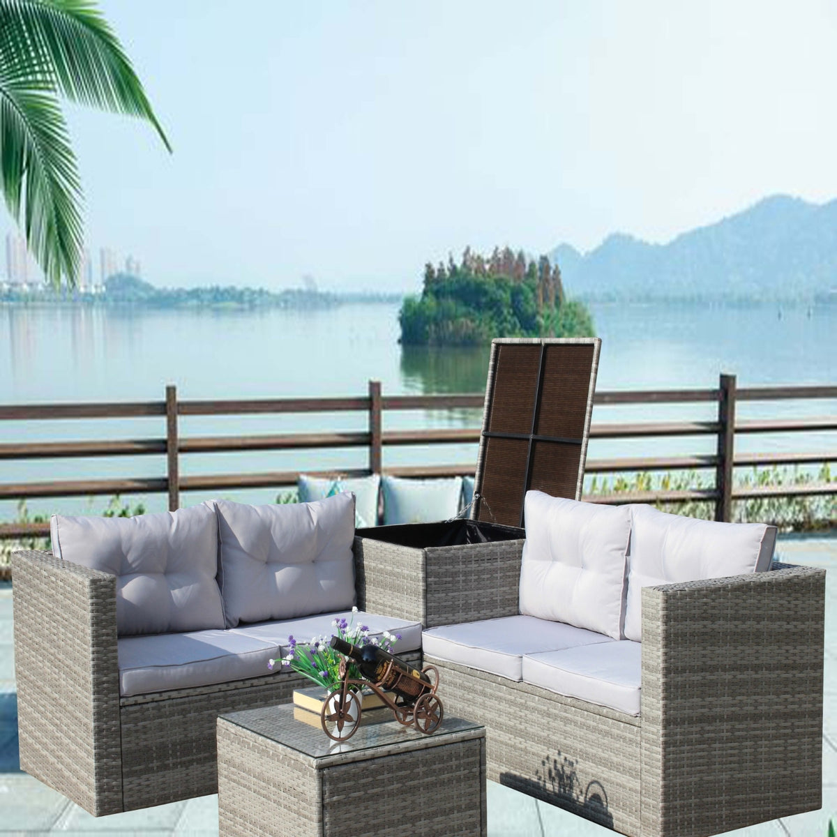 4Pc Patio Sectional Wicker Rattan Sofa Set W Storage Box Grey