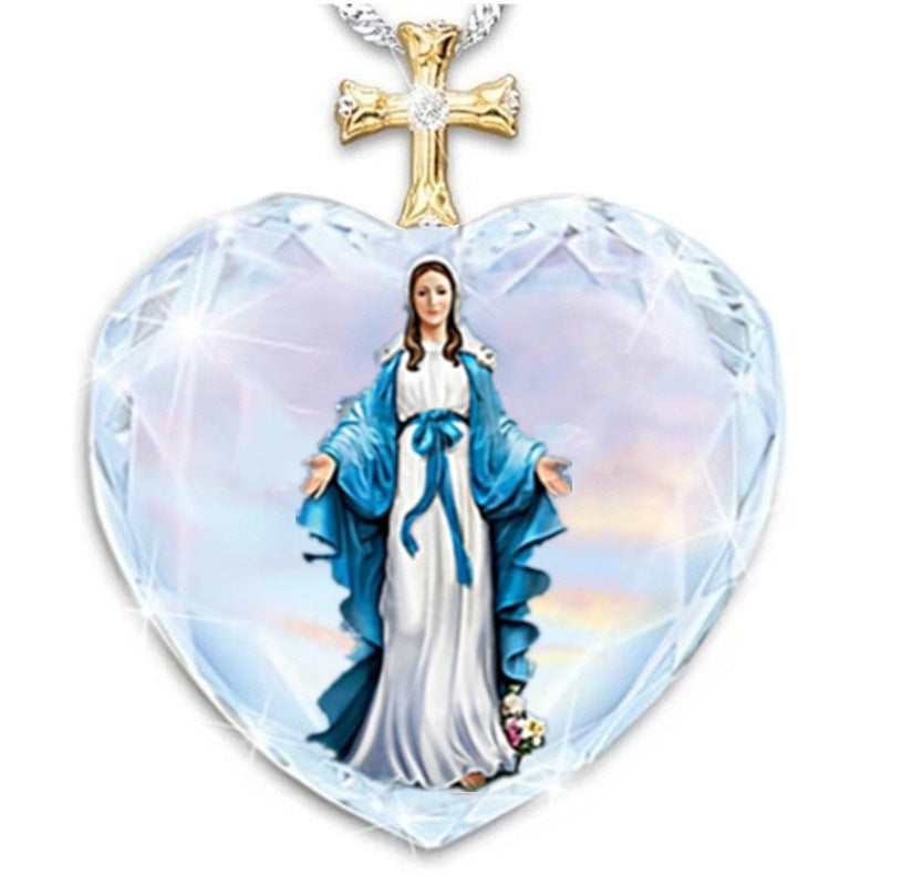 100% New Design & High-Quality Crystal Cross Mother Necklace Two Tone Virgin Pendant