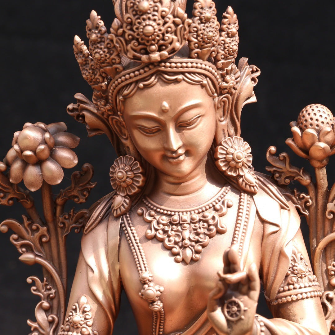 Pure Copper Green Tara Buddha Statue Tibetan Buddha Statue Red Copper Casting Religion Buddha Ornament
