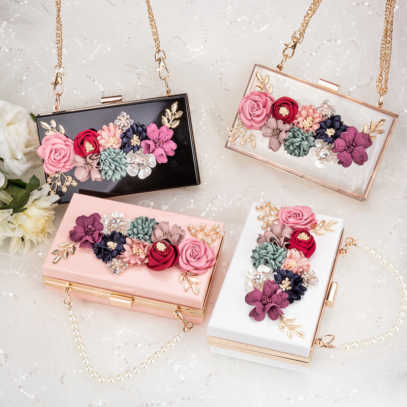 Pearl Hand Chain Pink Flower Thick Chain Bag