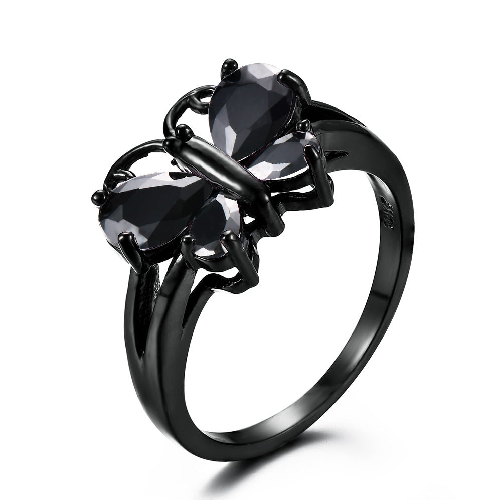 Small Animal Trend Black Gold Blue Zircon Butterfly Ring