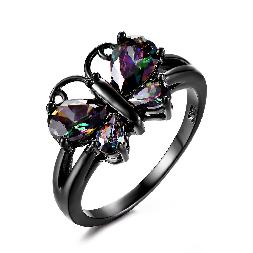 Small Animal Trend Black Gold Blue Zircon Butterfly Ring