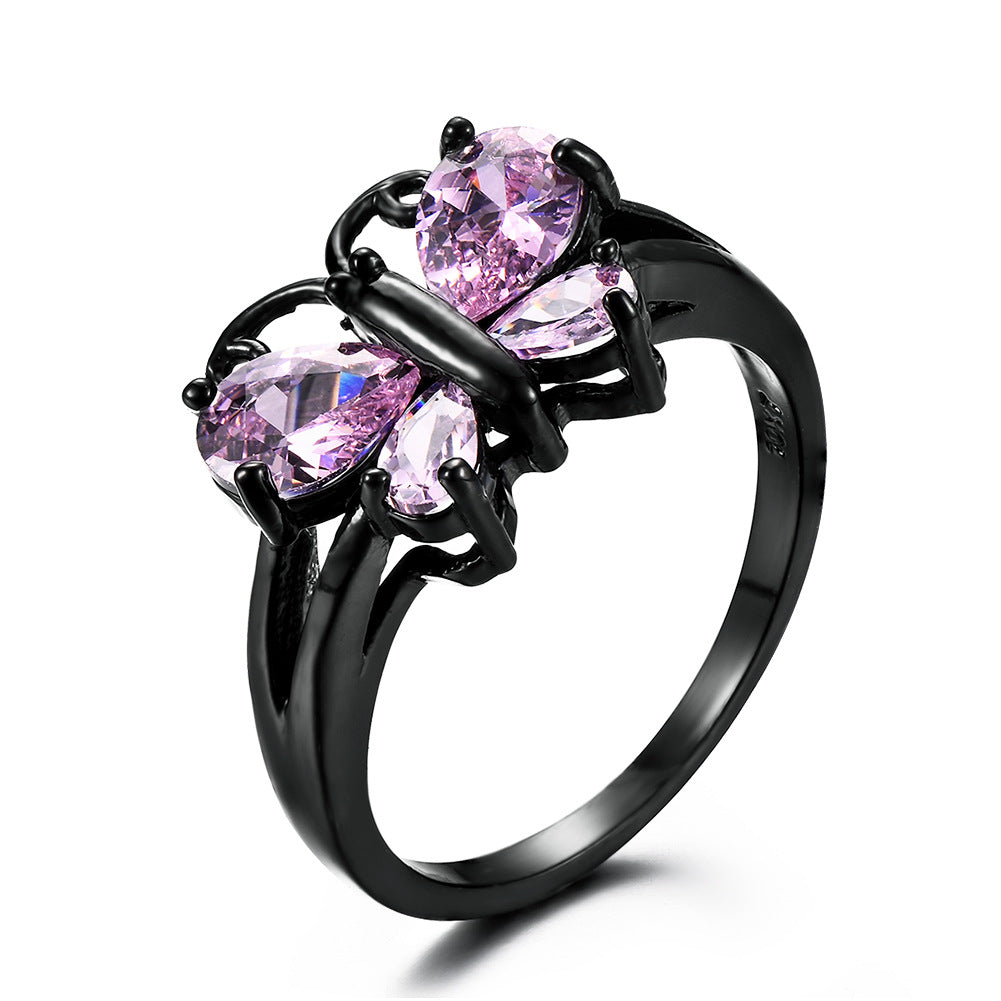 Small Animal Trend Black Gold Blue Zircon Butterfly Ring