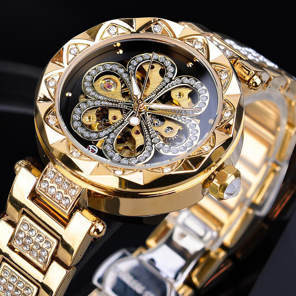European And American Ladies Fashion Casual Rhinestone Hollow Mechanical Waterproof