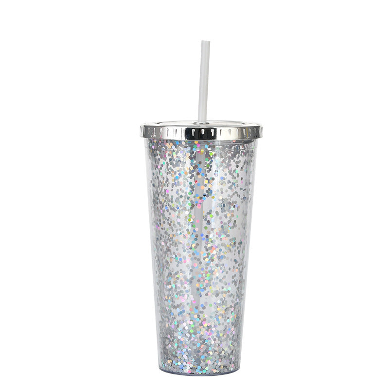 Creative Color Sequins Cup Straw Cold Cup with Lids and Straws Mug Plastic Straight Cup