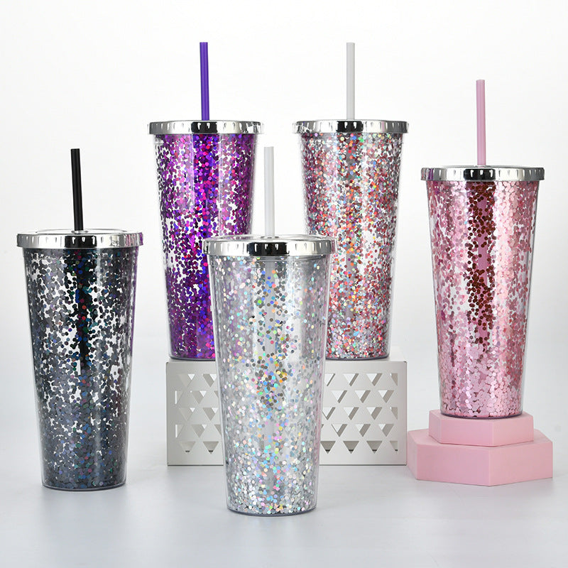Creative Color Sequins Cup Straw Cold Cup with Lids and Straws Mug Plastic Straight Cup