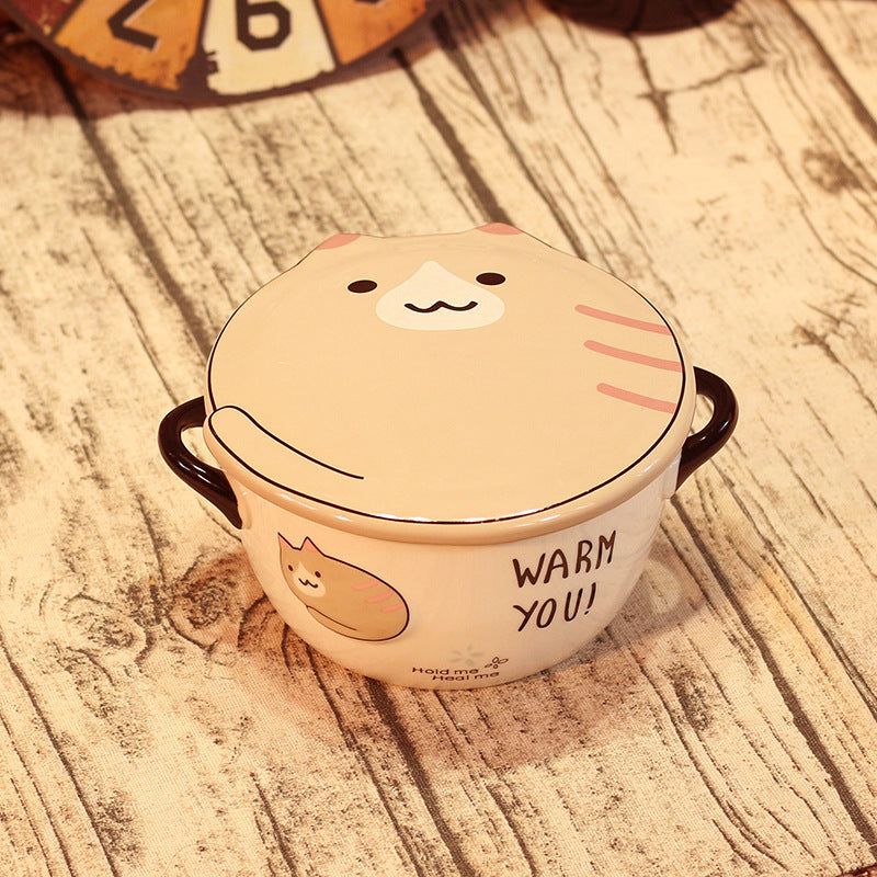 Kawaii Japanese Cat Bowl High Capacity Spoon with Lid Ceramics Instant Noodle Bowl Young Girl Dorm Room Student Office Bowls Mug