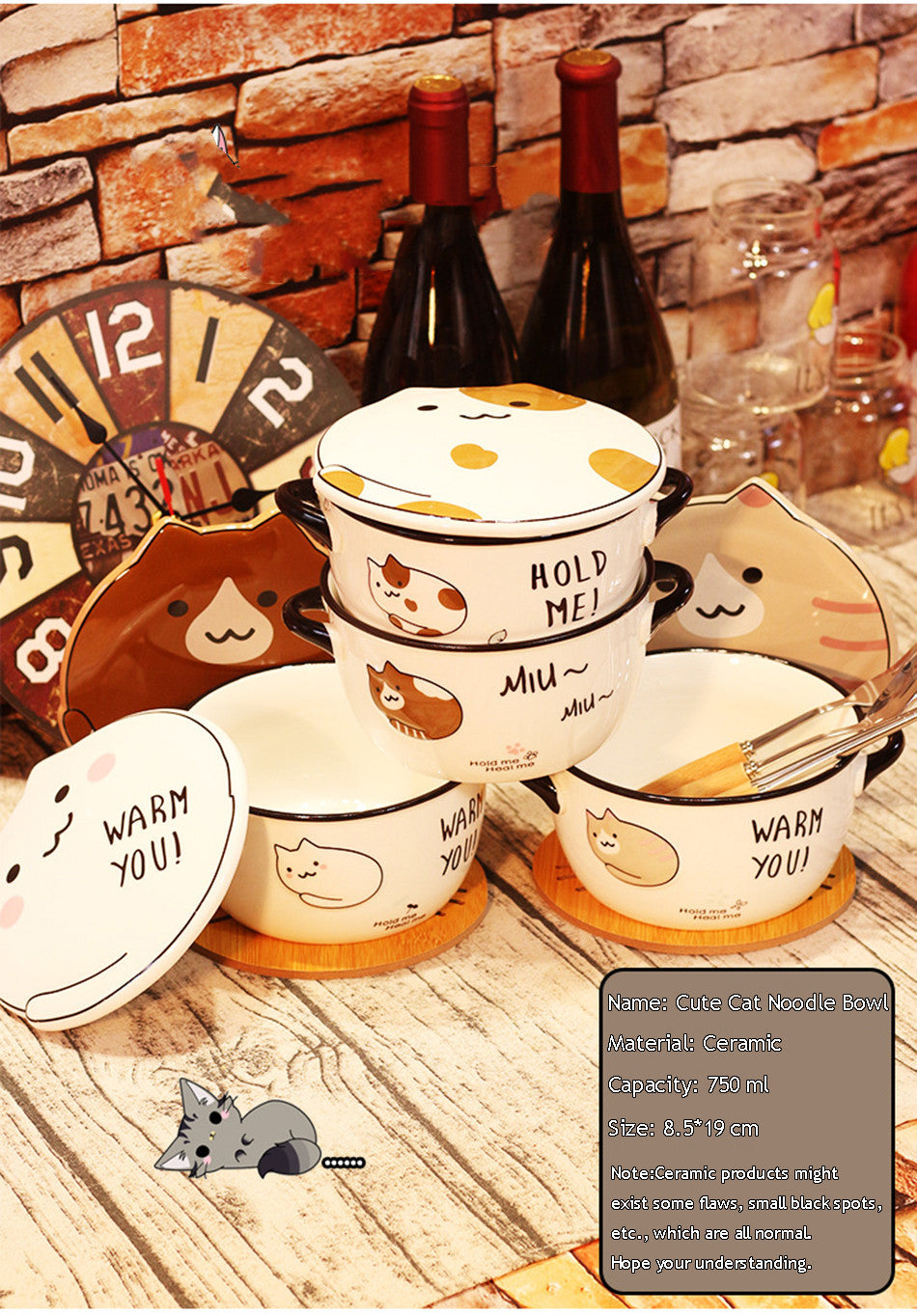 Kawaii Japanese Cat Bowl High Capacity Spoon with Lid Ceramics Instant Noodle Bowl Young Girl Dorm Room Student Office Bowls Mug