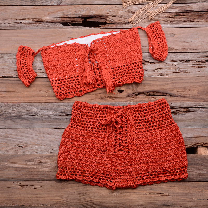 European and American Hot Style Six-Color Beach Bikini Suit Women's Knitted Swimwear Crochet Bohemian Bra