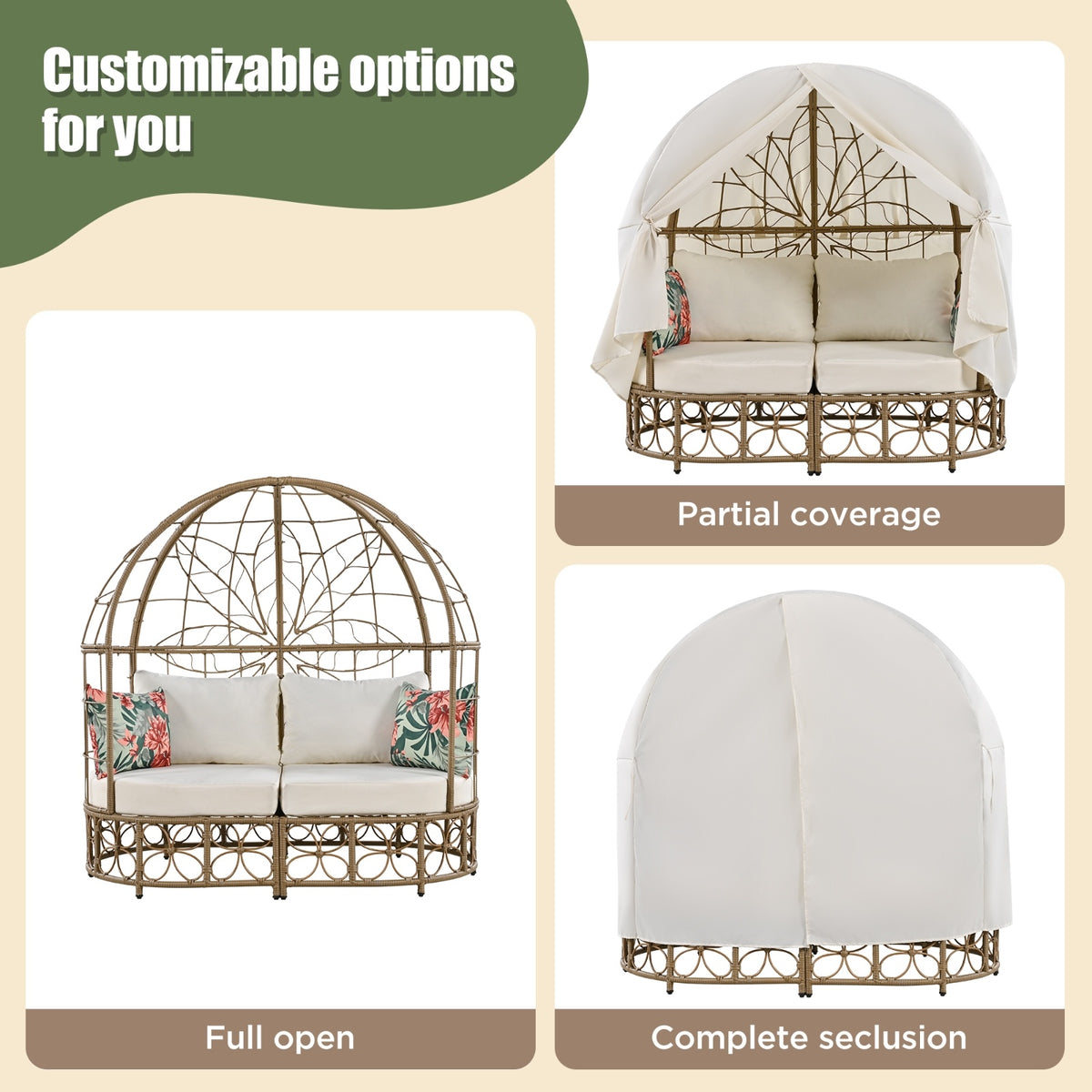 GO 59.8 Daybed Outdoor Sunbed With Colorful Pillows, Wicker Patio Daybed With Curtain, Floral Patte