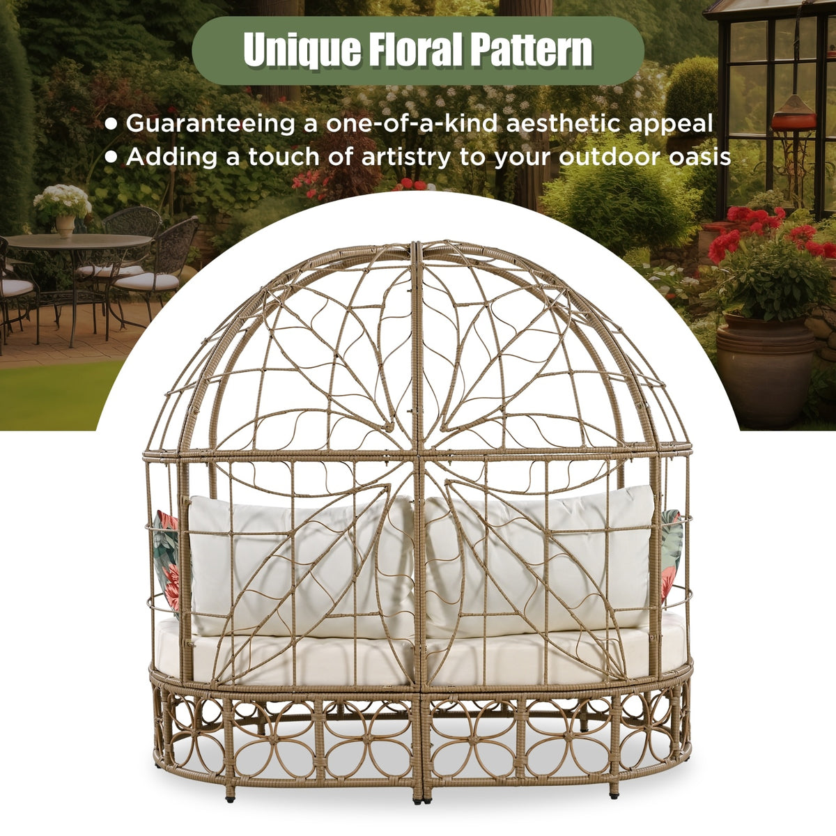 GO 59.8 Daybed Outdoor Sunbed With Colorful Pillows, Wicker Patio Daybed With Curtain, Floral Patte