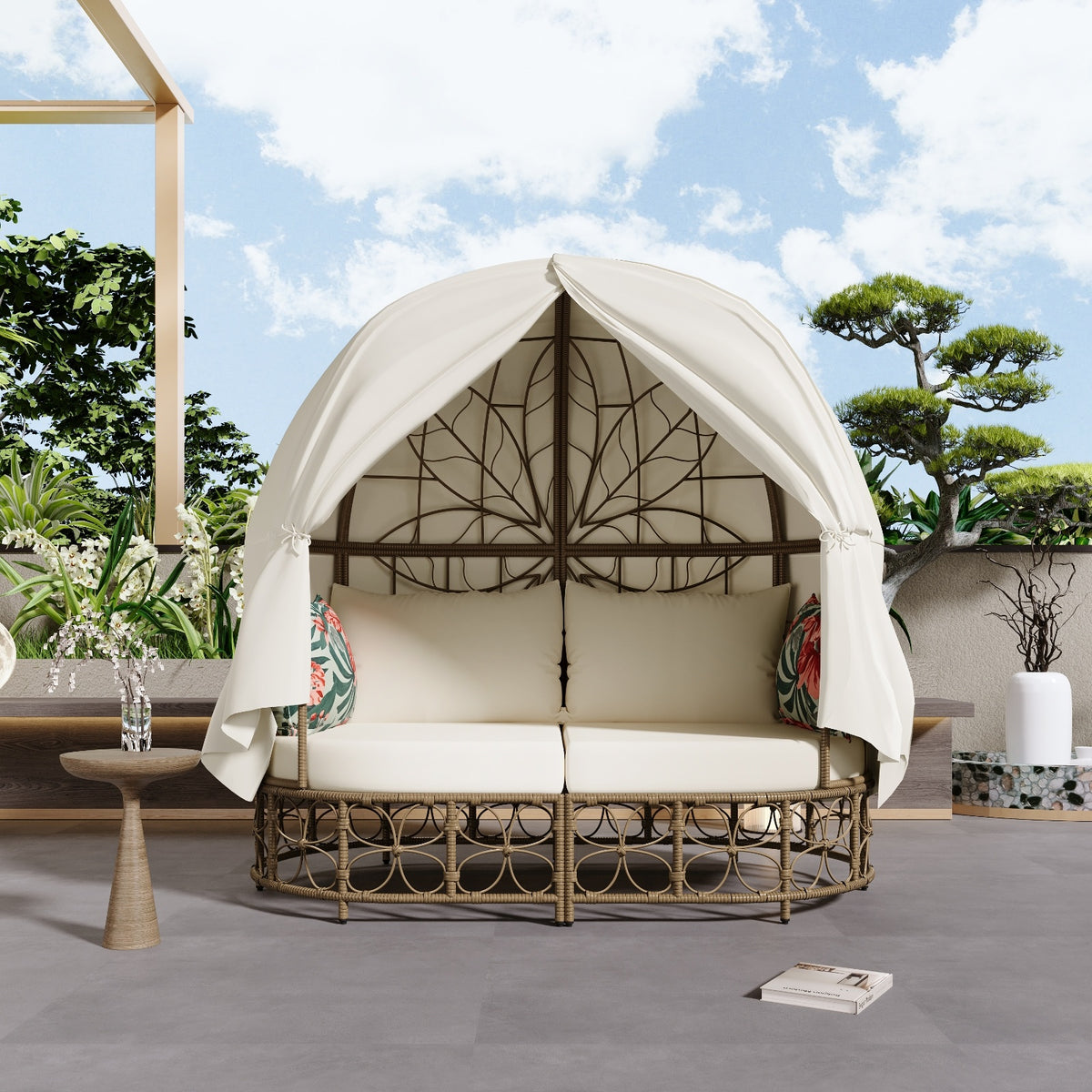 GO 59.8 Daybed Outdoor Sunbed With Colorful Pillows, Wicker Patio Daybed With Curtain, Floral Patte