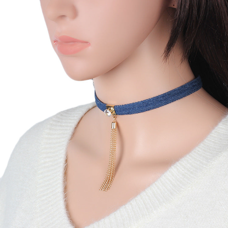 Hot Sale Blue Denim Jean Choker Long Chain Family