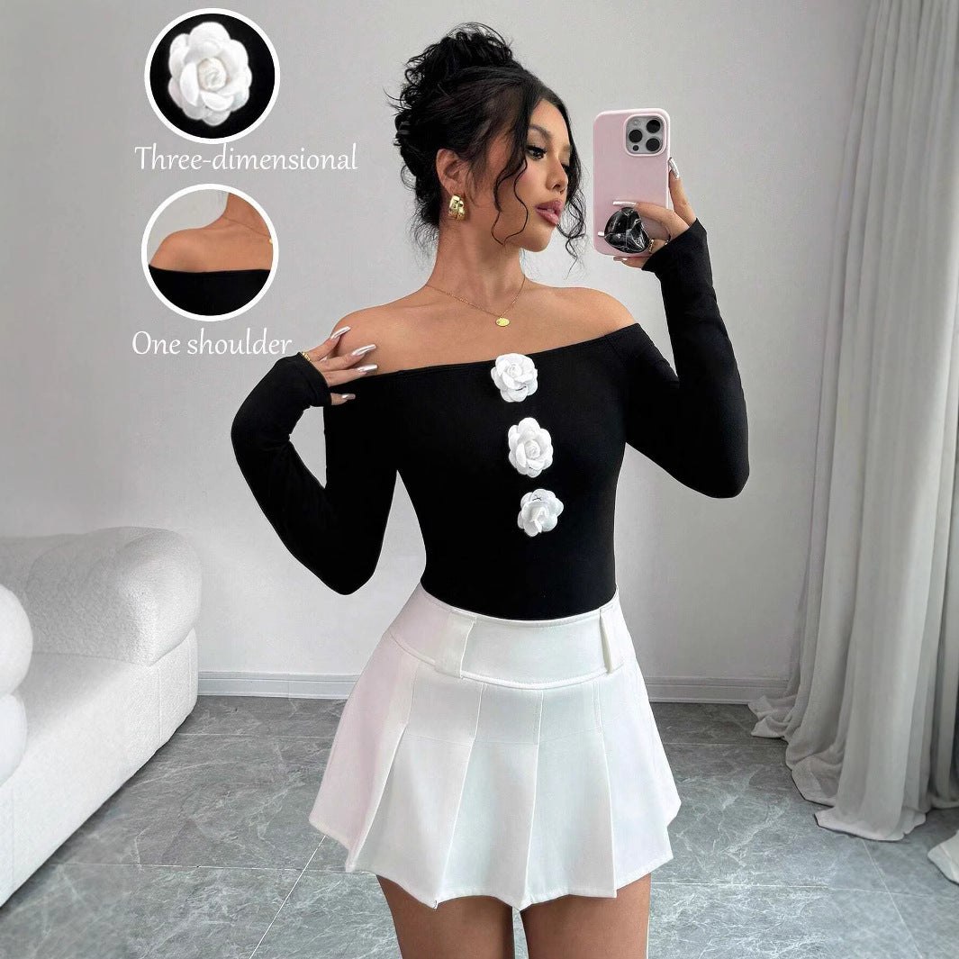3D Floral Off-The-Shoulder Off-Neck Slim-Fit Long-Sleeved T-Shirt