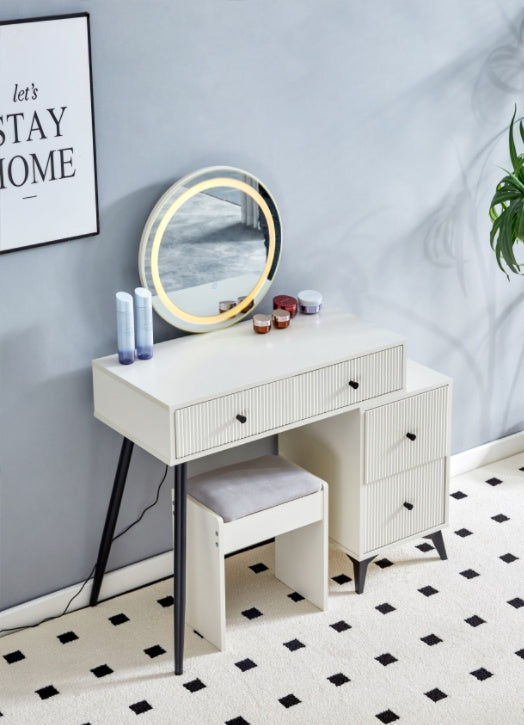 Fluted Makeup Vanity Desk With Round LED Mirror And Lights, Modern Glass Top Big Vanity Table With 4 Drawers Adjustable Shelves