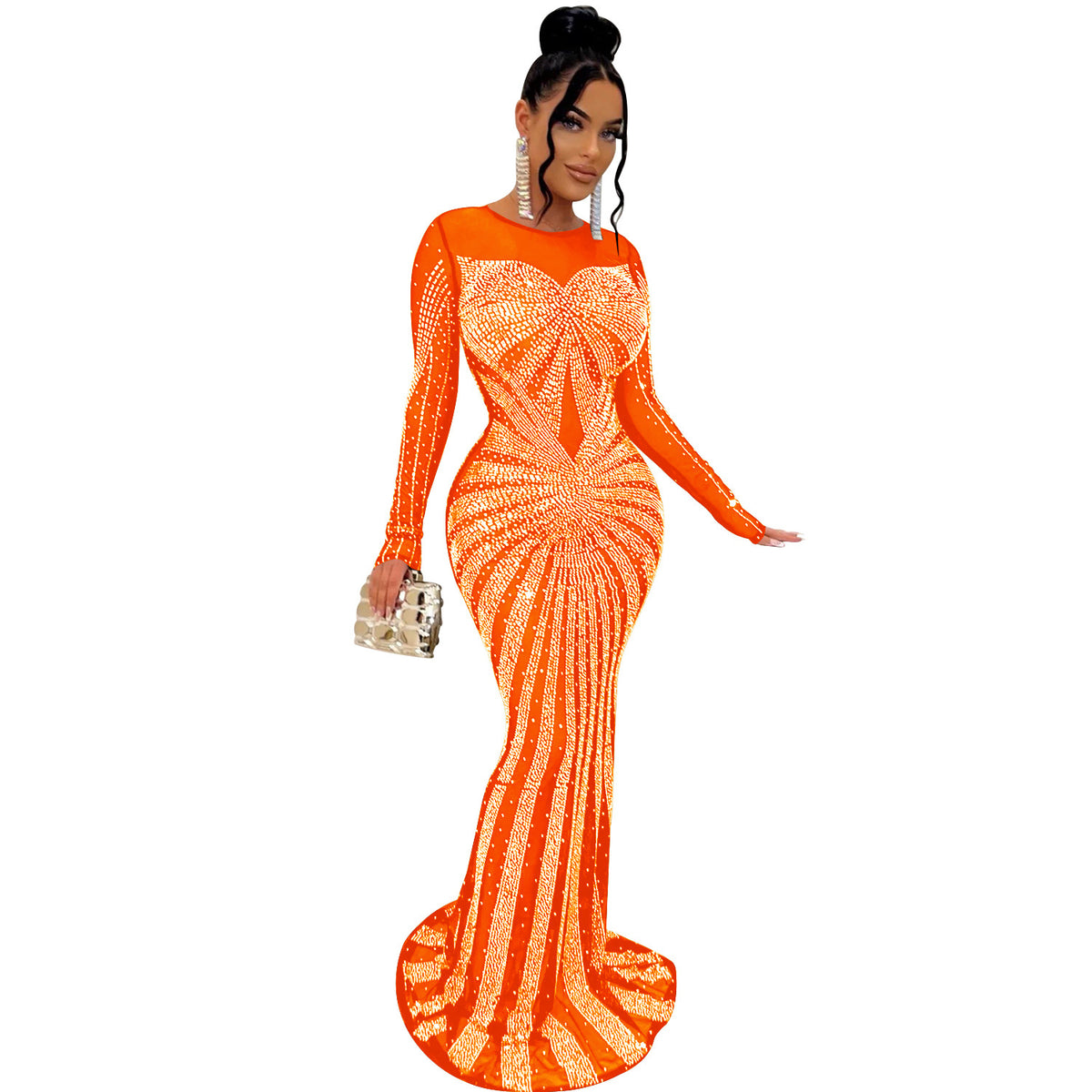Women's Solid Color Mesh See-through Hot Drill Long-Sleeved Long Dress