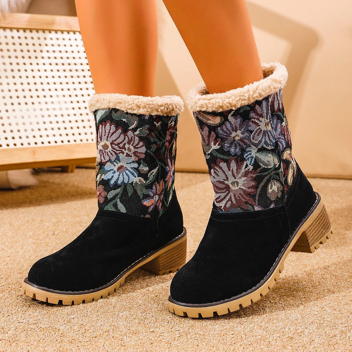 Flowers Embroidered Snow Boots Ethnic Style Platform Thick Square Heel Mid-Tube Boot Winter Warm Cotton Shoes For Women