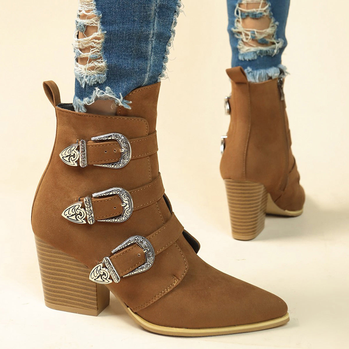 Chunky Heel Pointed Toe Boots With Belt Buckle Design Retro Mid-Calf Boot Fashion Fall Winter Shoes For Women