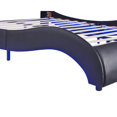 Full Size Upholstered Faux Leather Platform Bed With LED Light Bed Frame With Slatted - Black