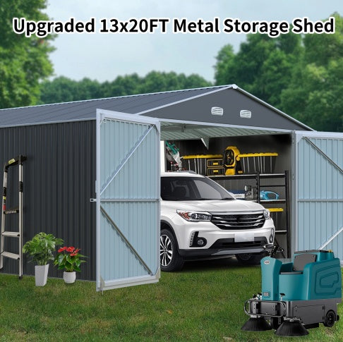 Spacious Outdoor Storage Shed This 13 20FT Outdoor Storage Shed Offers A Generous 250 Square Feet Of Floor Space, Perfect For Storing Trucks, Cars, Large Tools, And Lawn Equipment. With Double Front