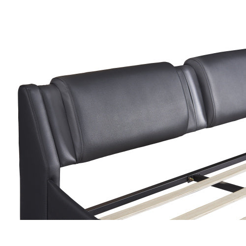 Full Size Upholstered Faux Leather Platform Bed With LED Light Bed Frame With Slatted - Black