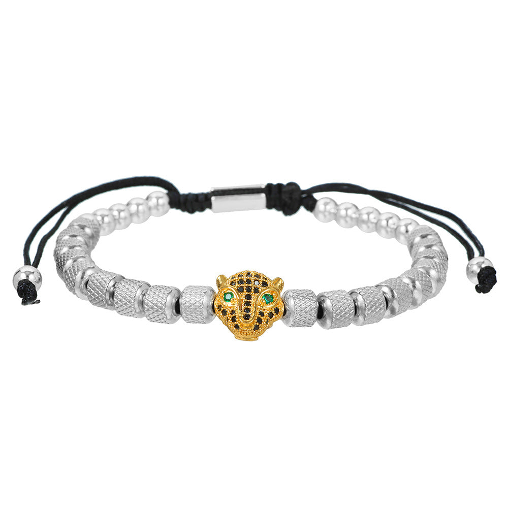 Zircon Leopard Head Stainless Steel Pineapple Bead Bracelet