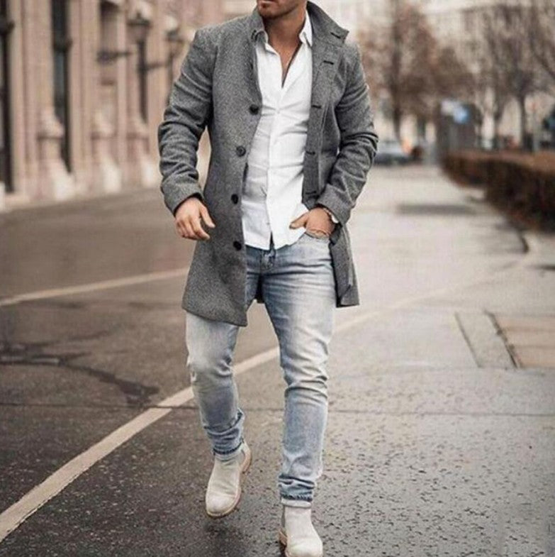 New Men's Woolen Stand Collar Mid-Length Casual Coat with Pockets