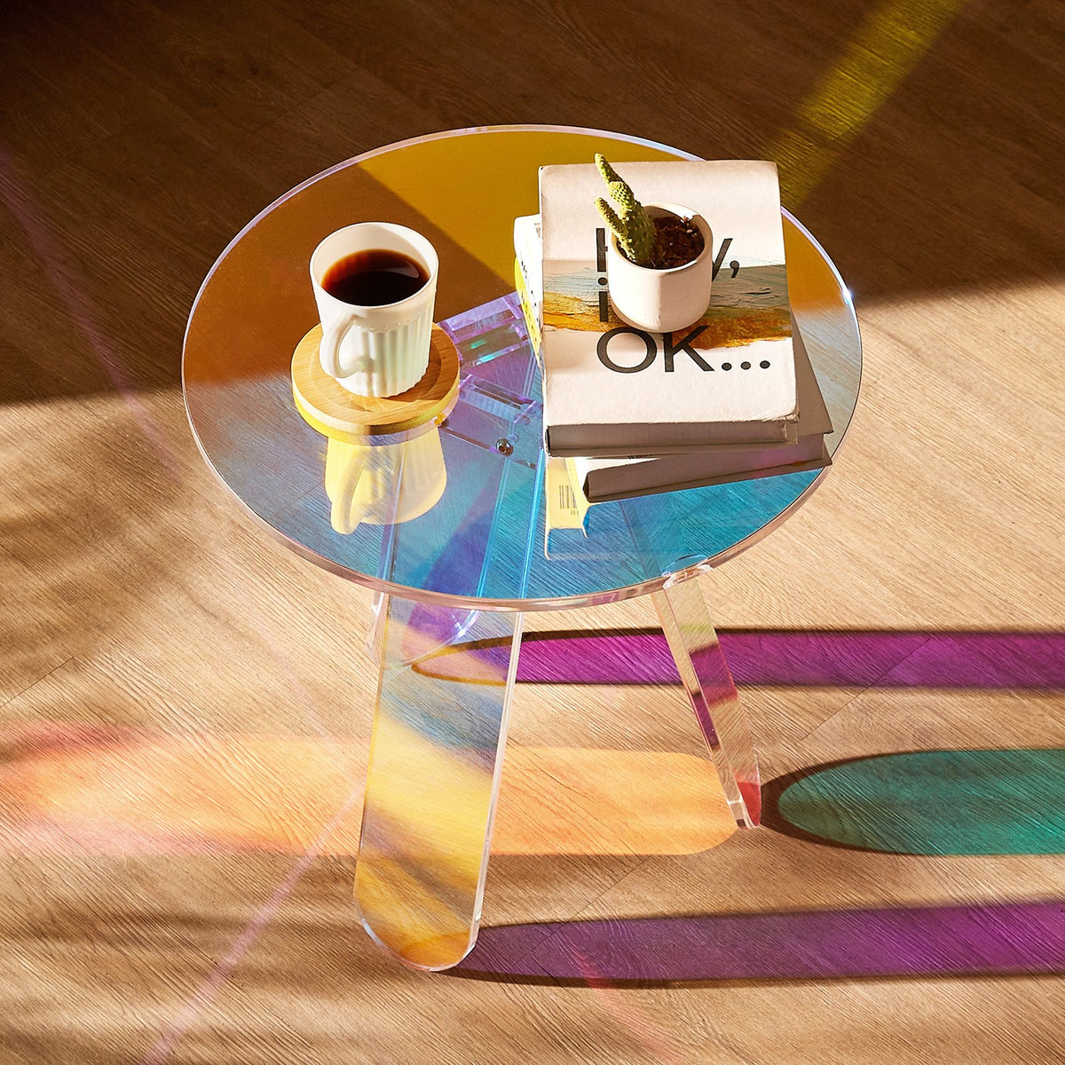 Round Iridescent Side Table, Acrylic End Table, Clear Rainbow Acrylic Coffee Table For Drink, Food, Snack Used In Living Room, Bedroom, And Study