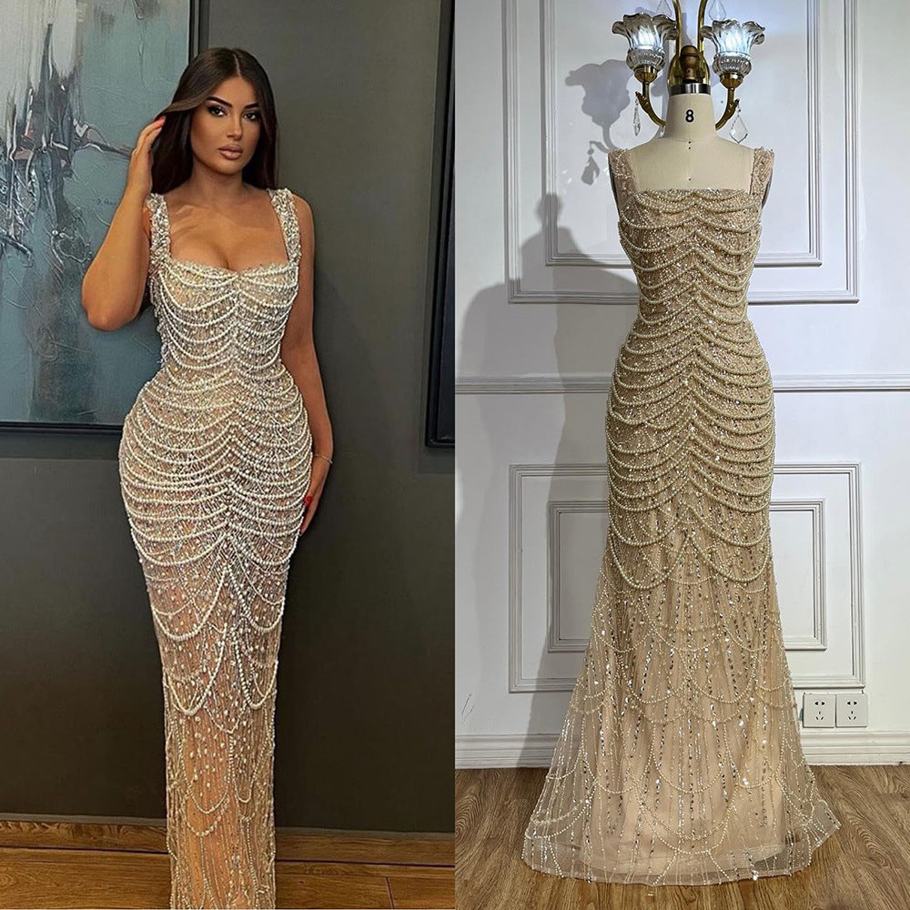 Nude Elegant Sling Light Luxury High-End Pearl Beaded Dress