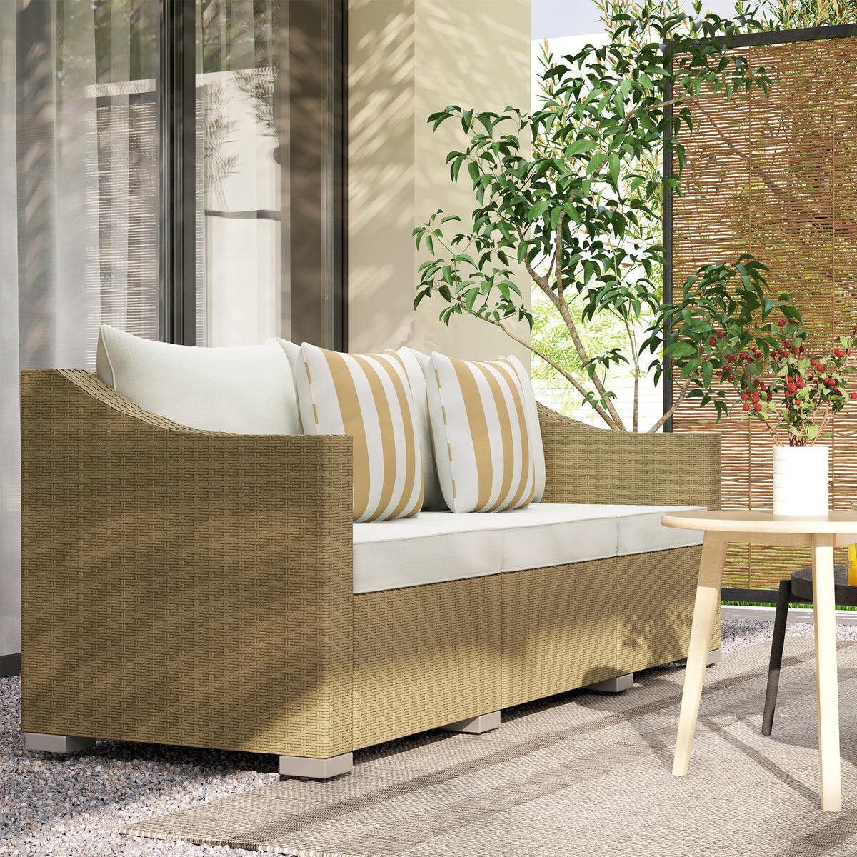 Rattan Wicker 3 Seater Patio Couch With Cushions, 2 Throw Pillows, Outdoor Furniture Rattan Sofa, Cream White