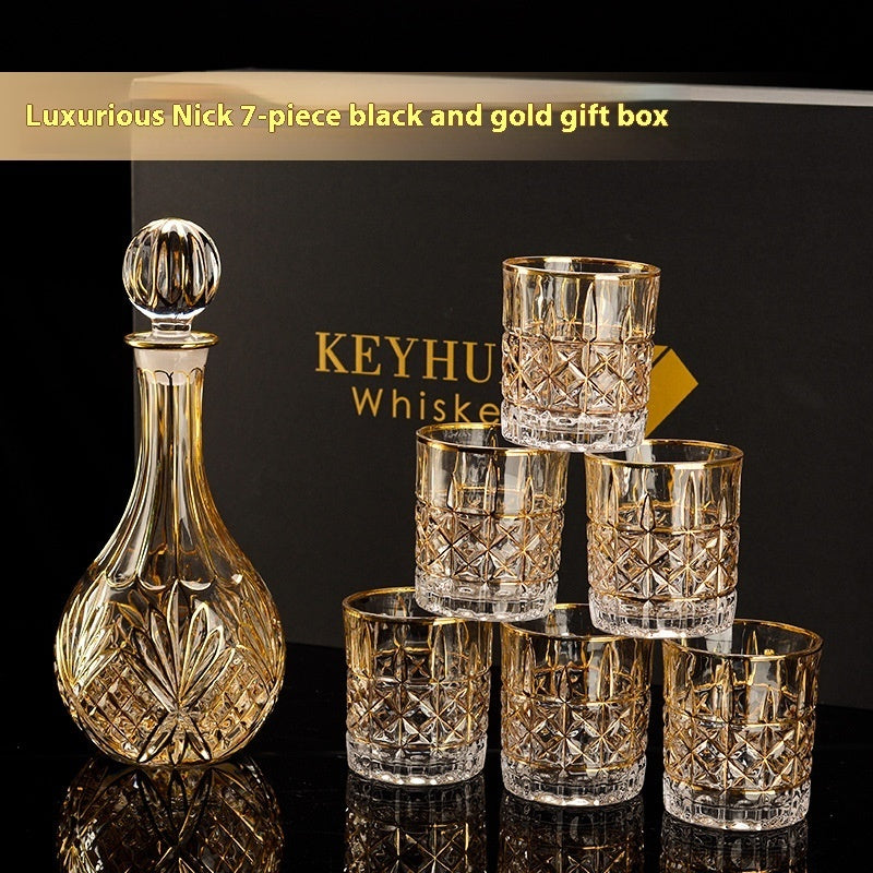 Luxury Gold Whiskey Shot Glass Wine Bottle Stainless Steel Rotating Cup Holder Gift Set Crystal Glass Wine Glass