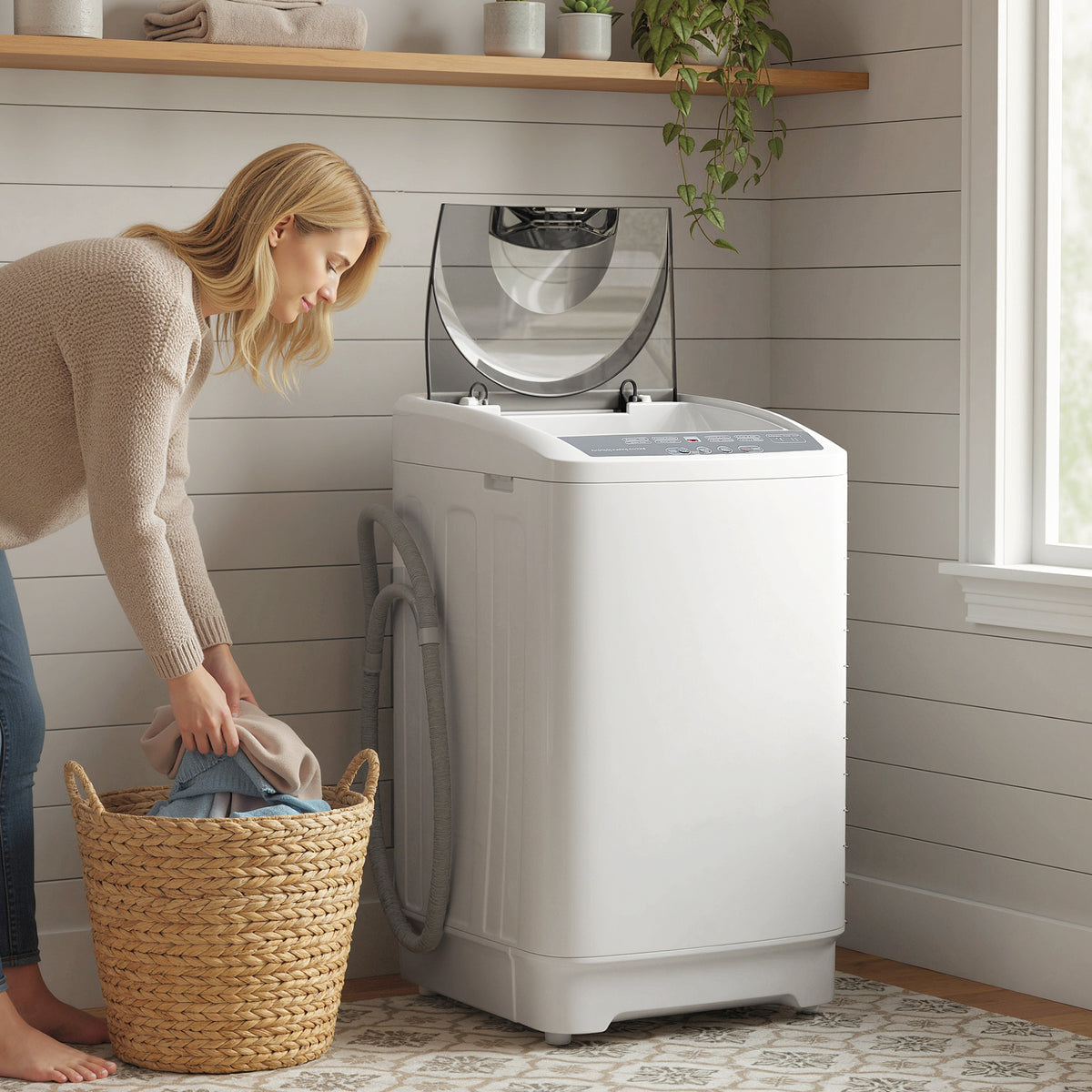 Compact Washer, Portable Washing Machine, Full Automatic Washer with 8 Programs and 6 Water Levels, White