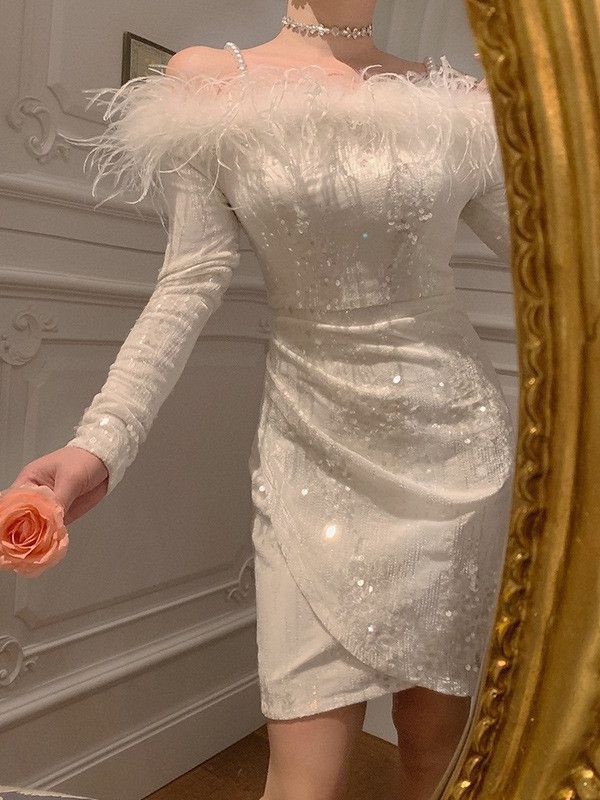Sequined Feather Off-shoulder New Banquet Party C- Bit Evening Dress For Women