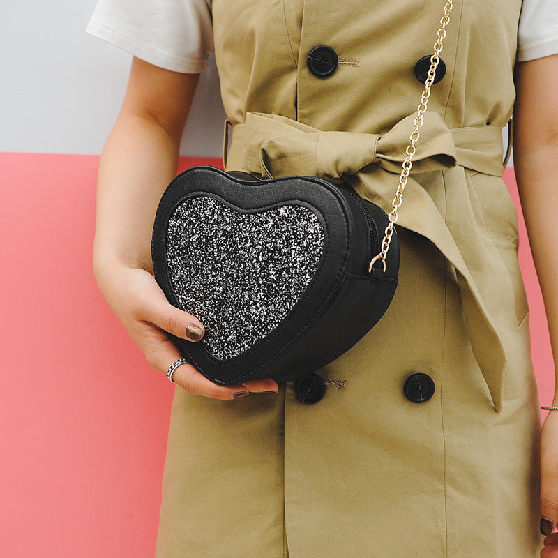 Korean Mini Love - Shaped Mini - Bag Personality Sequined Chain Bag Leisure with a Single Shoulder Crossbody Bag