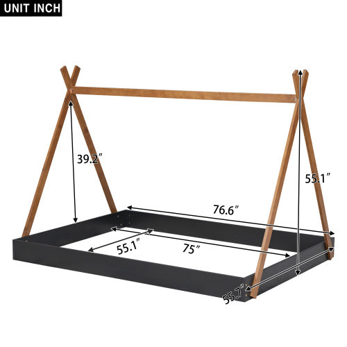 Full Size Tent Floor Bed With Triangle Structure, Black Brown