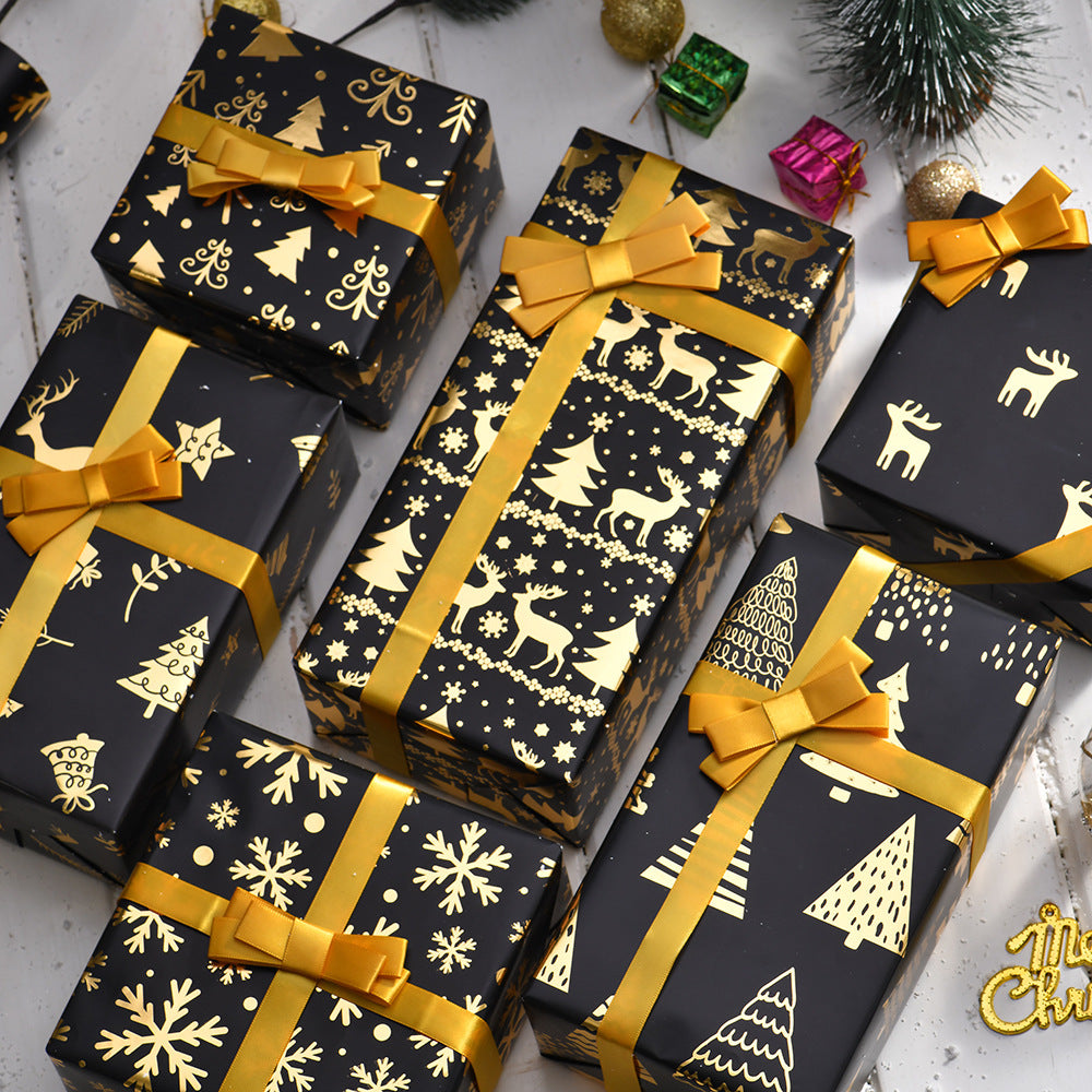 Vintage Black Gold Elk Snowflake Christmas Tree Wrapping Paper