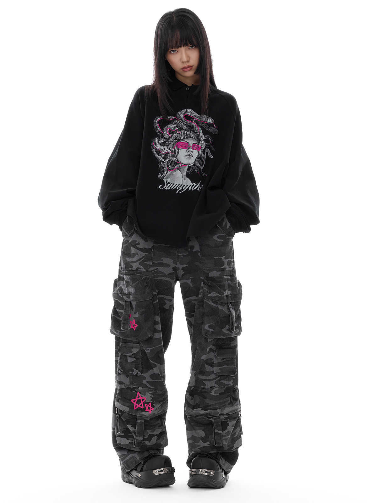 Knitted Medusa Snake Year Polo Long-Sleeved T-Shirt Top Autumn And Winter Black Primer Sweater