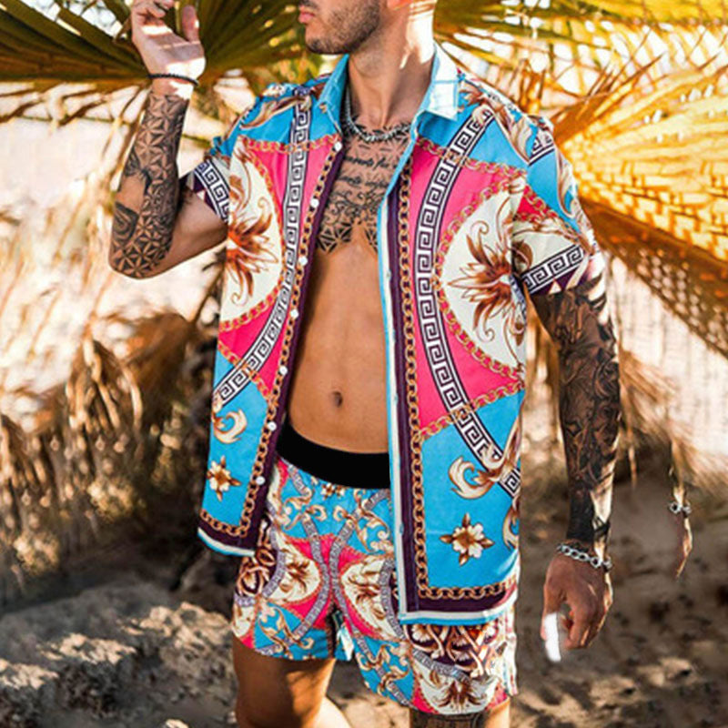 Print Lapel Short Sleeve Shirt Set Summer Mens Fashion Beach