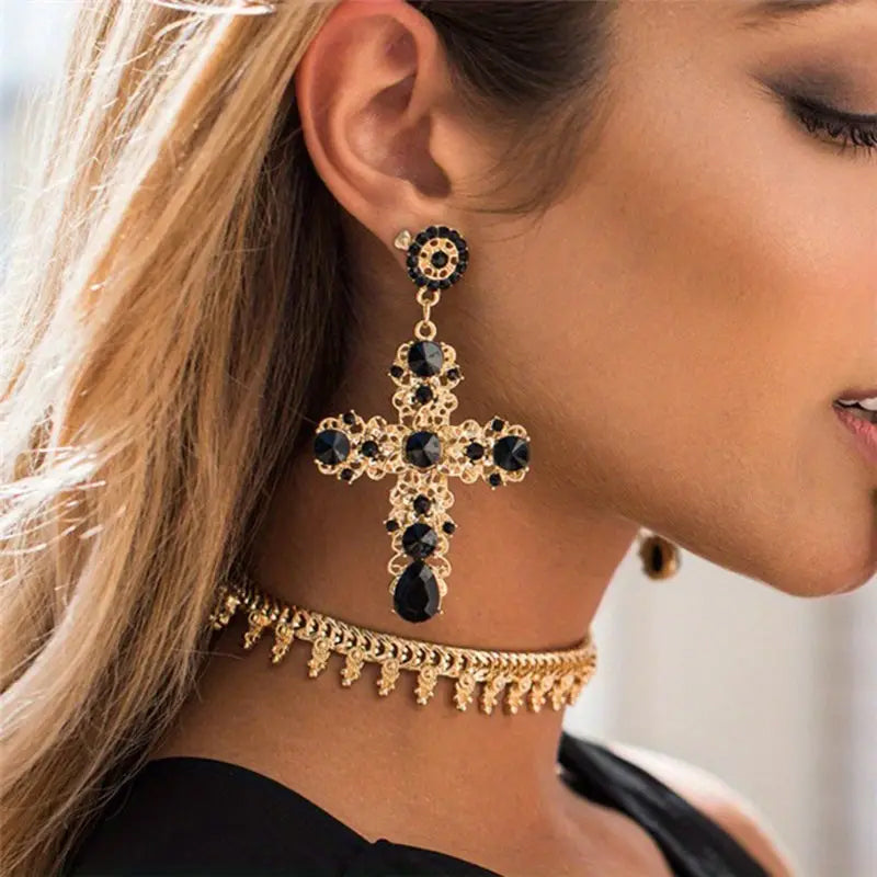 1 Pair Gothic Vintage Black Crystal Cross Drop Earrings, Punk Style Zinc Alloy Jewelry