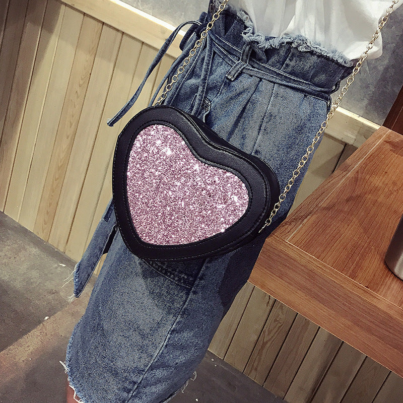 Korean Mini Love - Shaped Mini - Bag Personality Sequined Chain Bag Leisure with a Single Shoulder Crossbody Bag