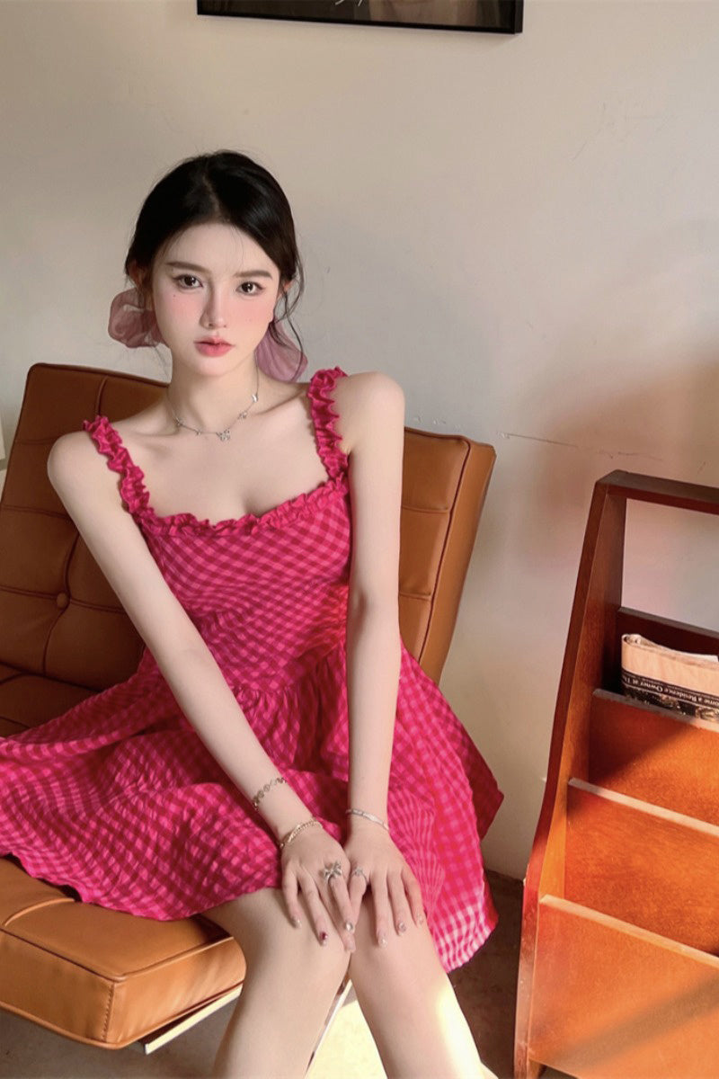 Women's Summer Plaid Fungus Suspender Dress