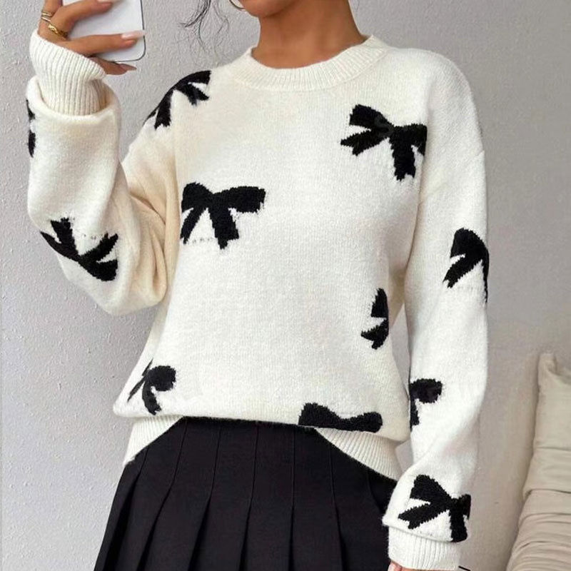 Autumn And Winter Round Neck Bow Jacquard Pullover Sweater