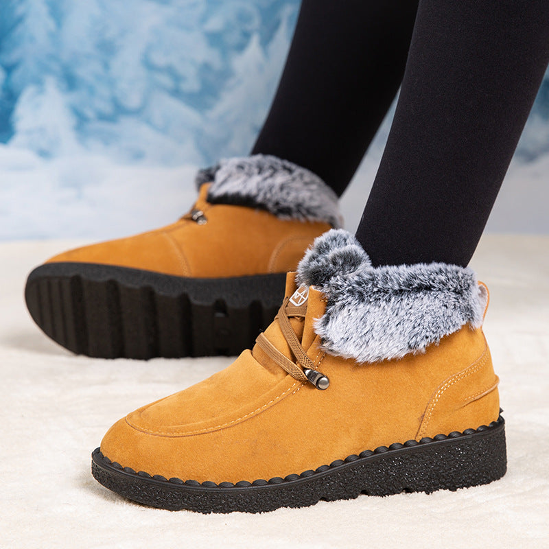 Women's Flat Round-Toe Laced Faux Fur Thicker Short Boots